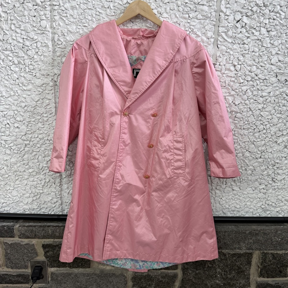 Vintage Trench Coat Womens 10 Pink Taffeta Rain Long Floral Lining Collared
